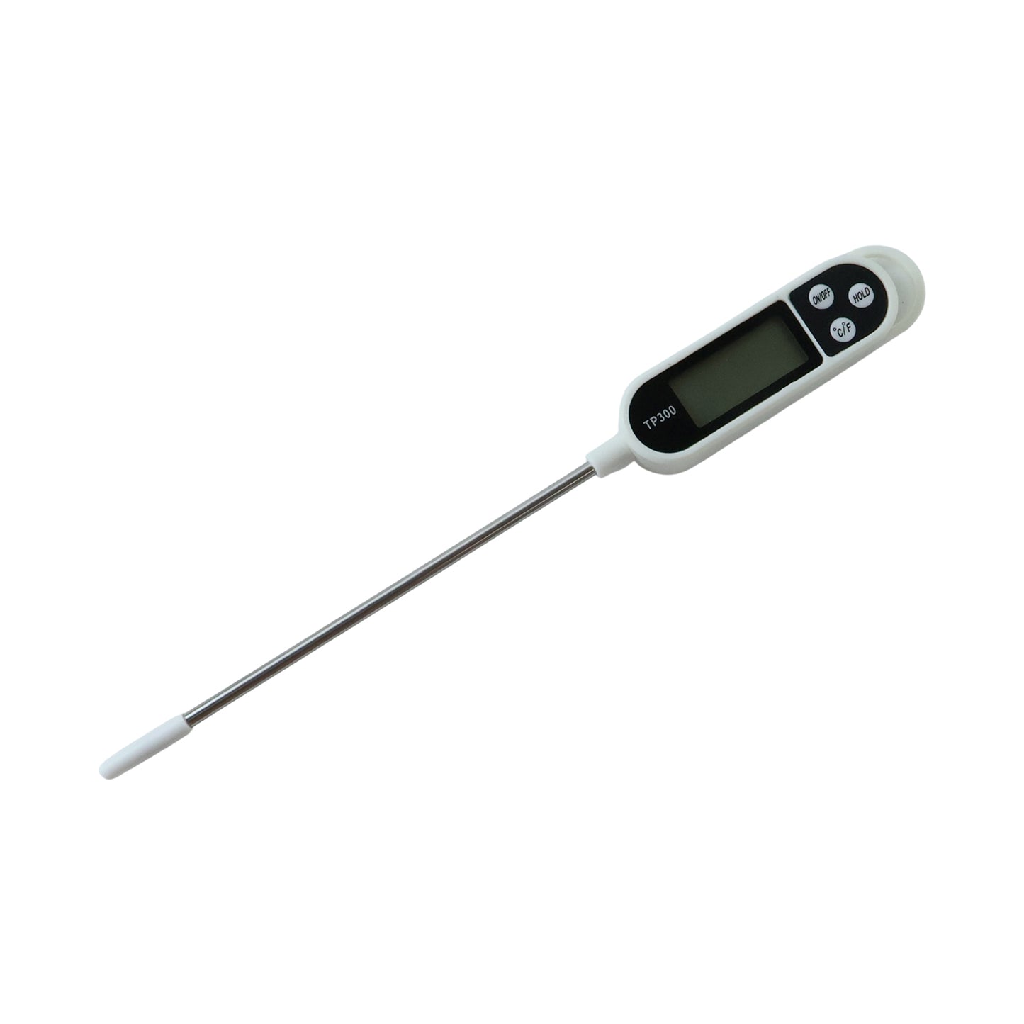 Wukusy digital food thermometer with LCD display showing temperature reading, stainless steel probe for precise cooking.