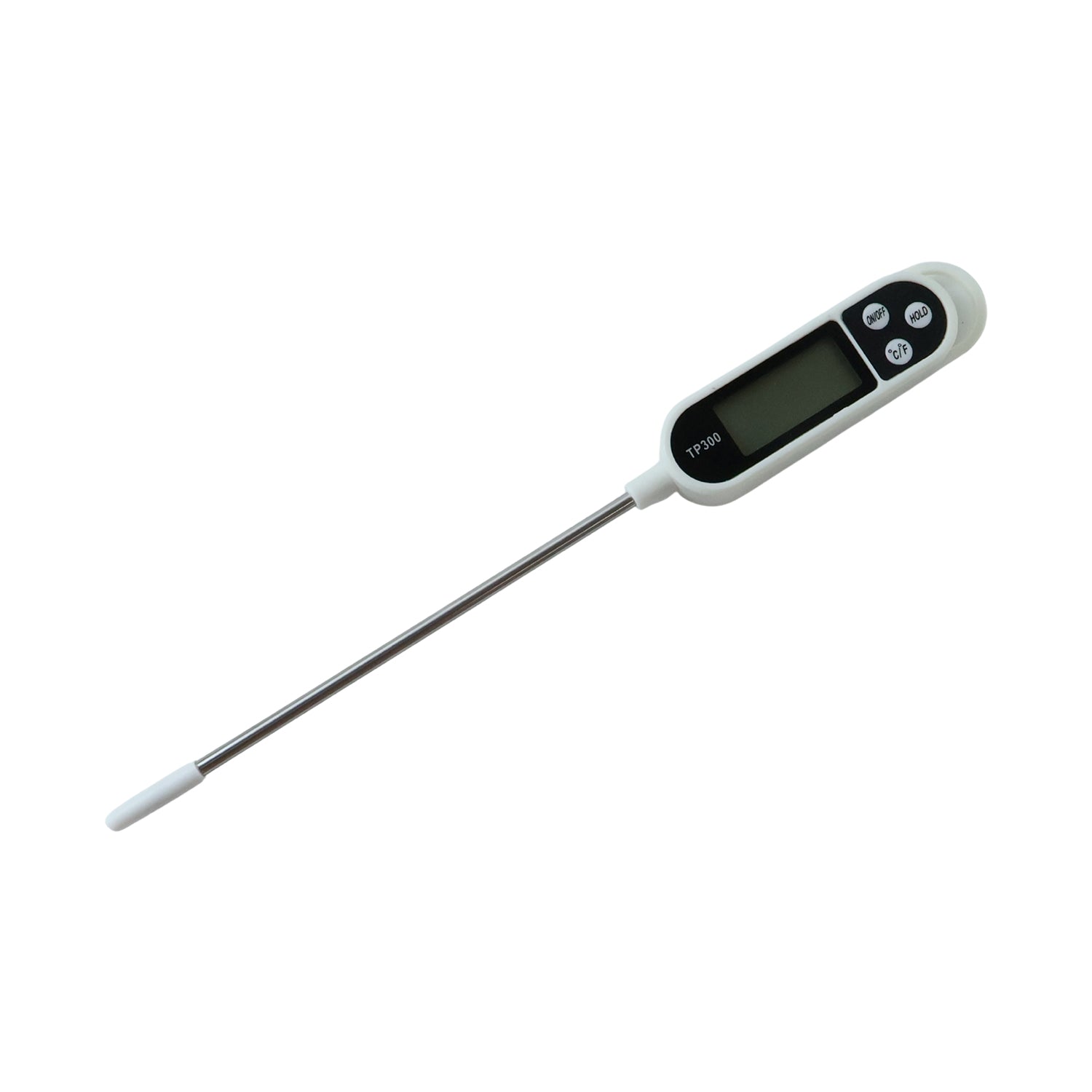 Wukusy digital food thermometer with LCD display showing temperature reading, stainless steel probe for precise cooking.