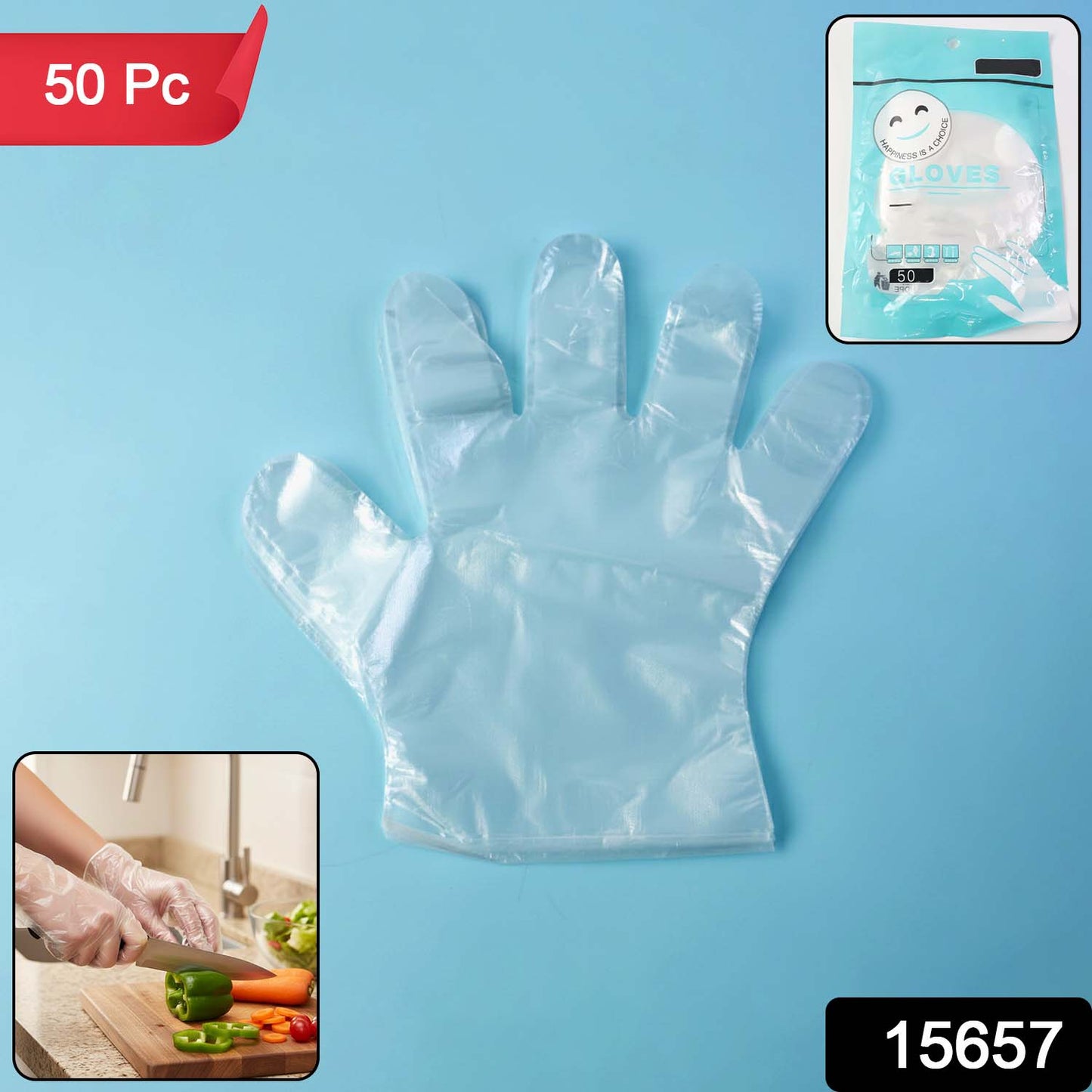 Pair of disposable clear gloves from Wukusy, 50-pack, showing the transparent, flexible gloves suitable for hygiene and protection.