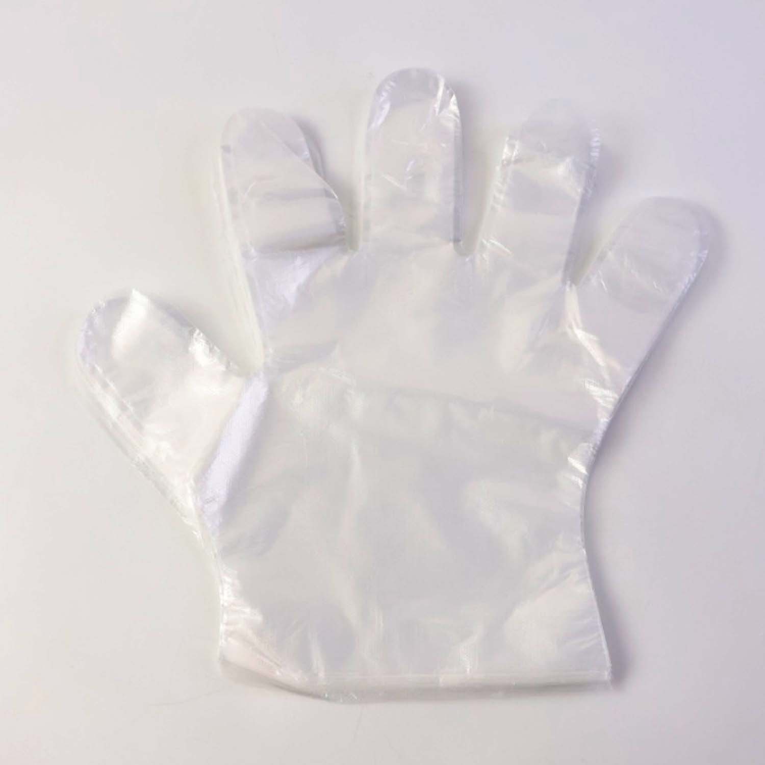 Pair of disposable clear gloves from Wukusy, 50-piece pack, showing the transparent, latex-free gloves suitable for hygiene and safety.