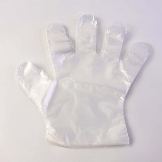 Pair of disposable clear gloves from Wukusy, 50-piece pack, showing the transparent, latex-free gloves suitable for hygiene and safety.