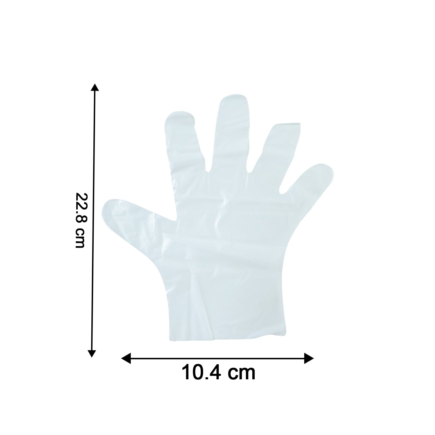 Pair of small disposable plastic hand gloves by Wukusy, 100-piece pack, shown in a natural, relaxed hand position.
