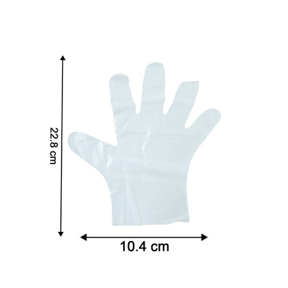 Pair of small disposable plastic hand gloves by Wukusy, 100-piece pack, shown in a natural, relaxed hand position.