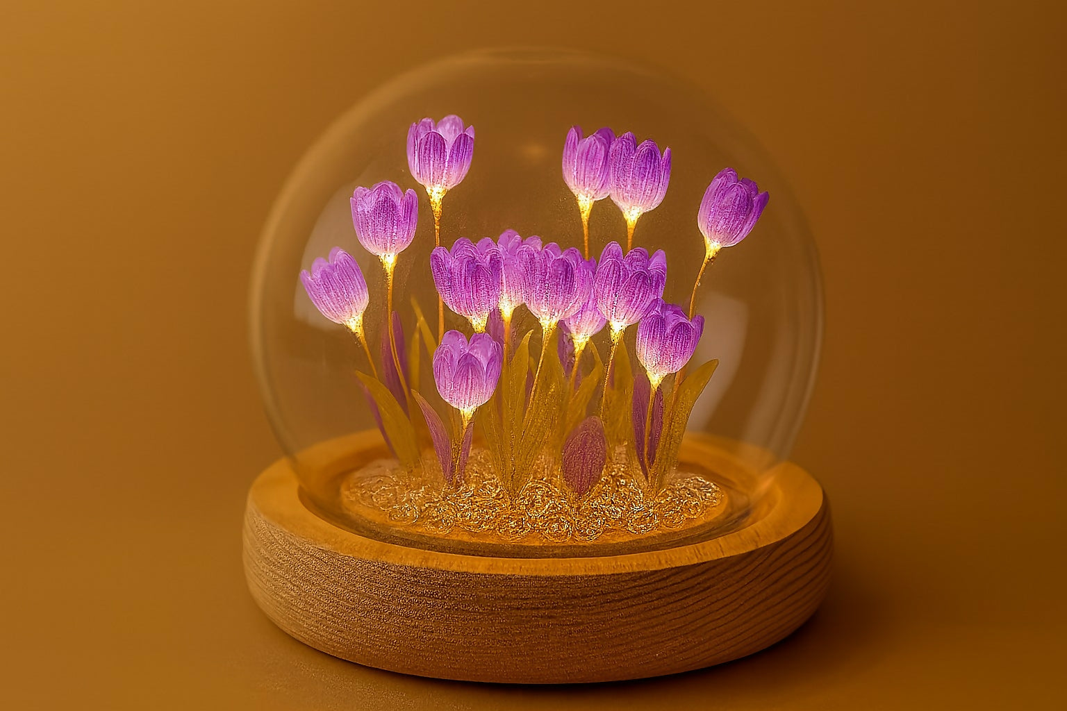 Wukusy DIY flower dome LED night lamp decorative table light kit with glass dome, flowers, and LED lighting components.