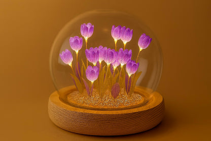 Wukusy DIY flower dome LED night lamp decorative table light kit with glass dome, flowers, and LED lighting components.