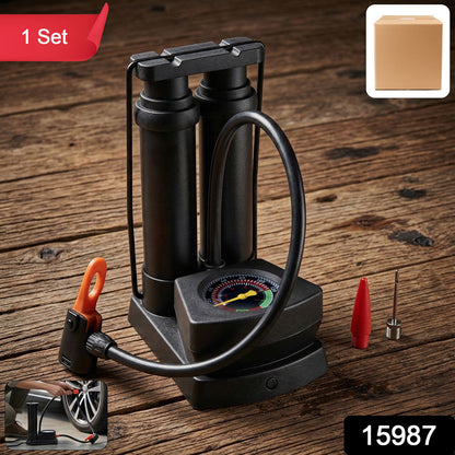 Wukusy double cylinder foot air pump set with two cylinders and a pressure gauge for inflating tires and sports equipment.