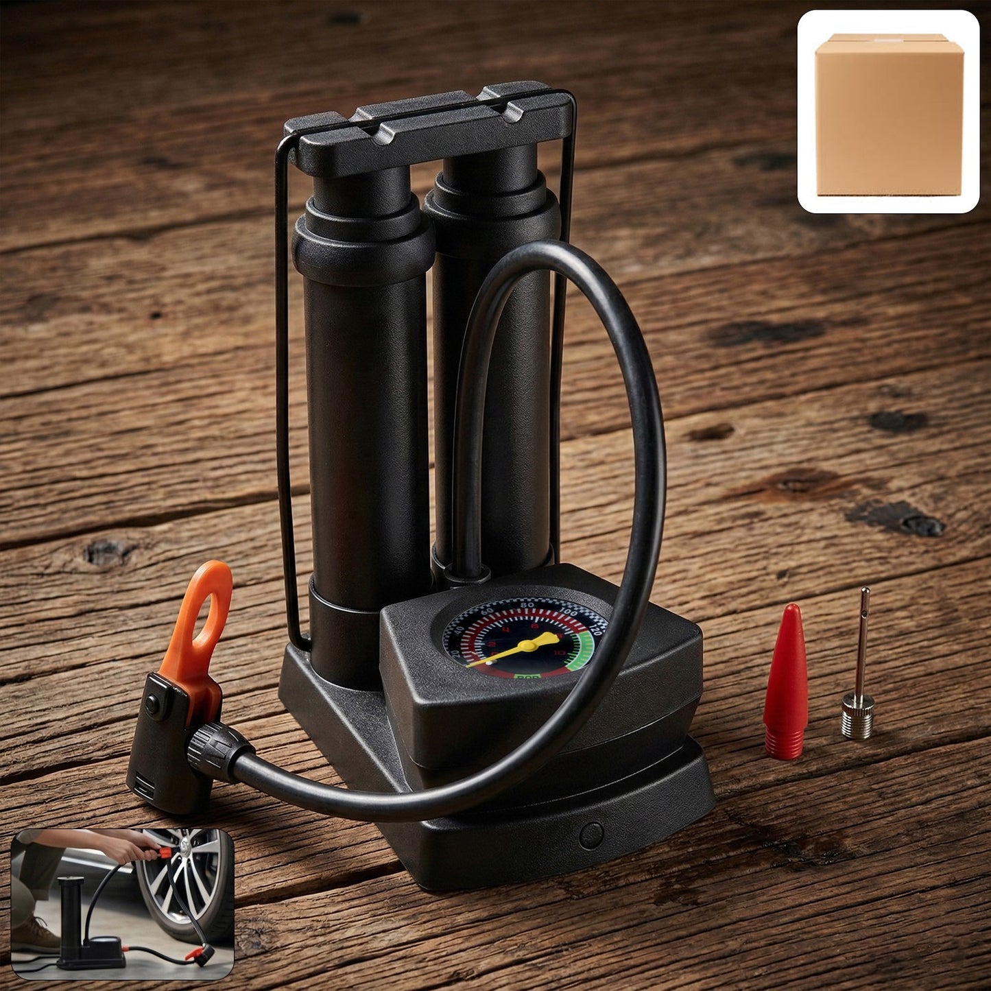 Wukusy double cylinder foot air pump set with two cylinders and a pressure gauge for inflating tires and sports equipment.