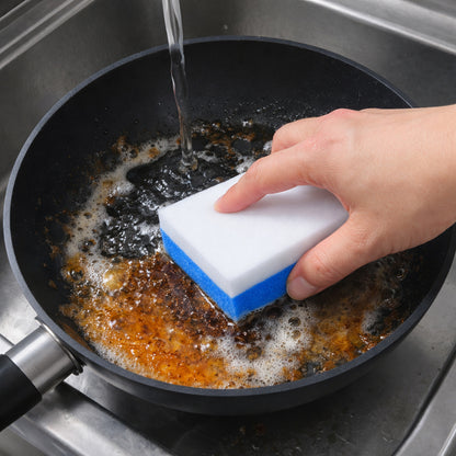 Wukusy dual-layer cleaning sponge eraser pads, 2-pack, featuring soft and abrasive surfaces for effective cleaning.