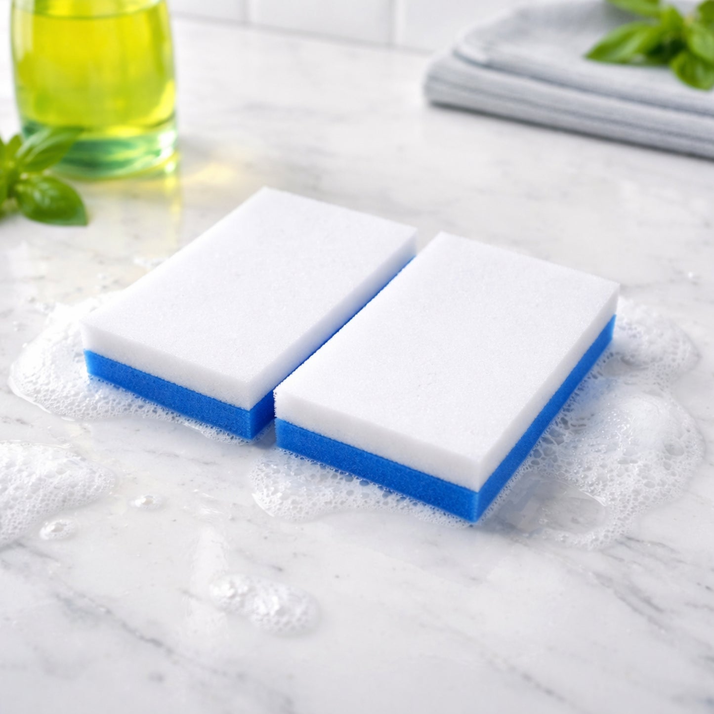 Wukusy dual-layer cleaning sponge eraser pads, 2-pack, showing soft and scrubbing surfaces for effective cleaning.