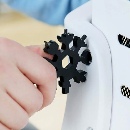 Wukusy 18-in-1 snowflake multi-tool with bottle opener, flat and Phillips screwdrivers, wrench, compact and portable design.