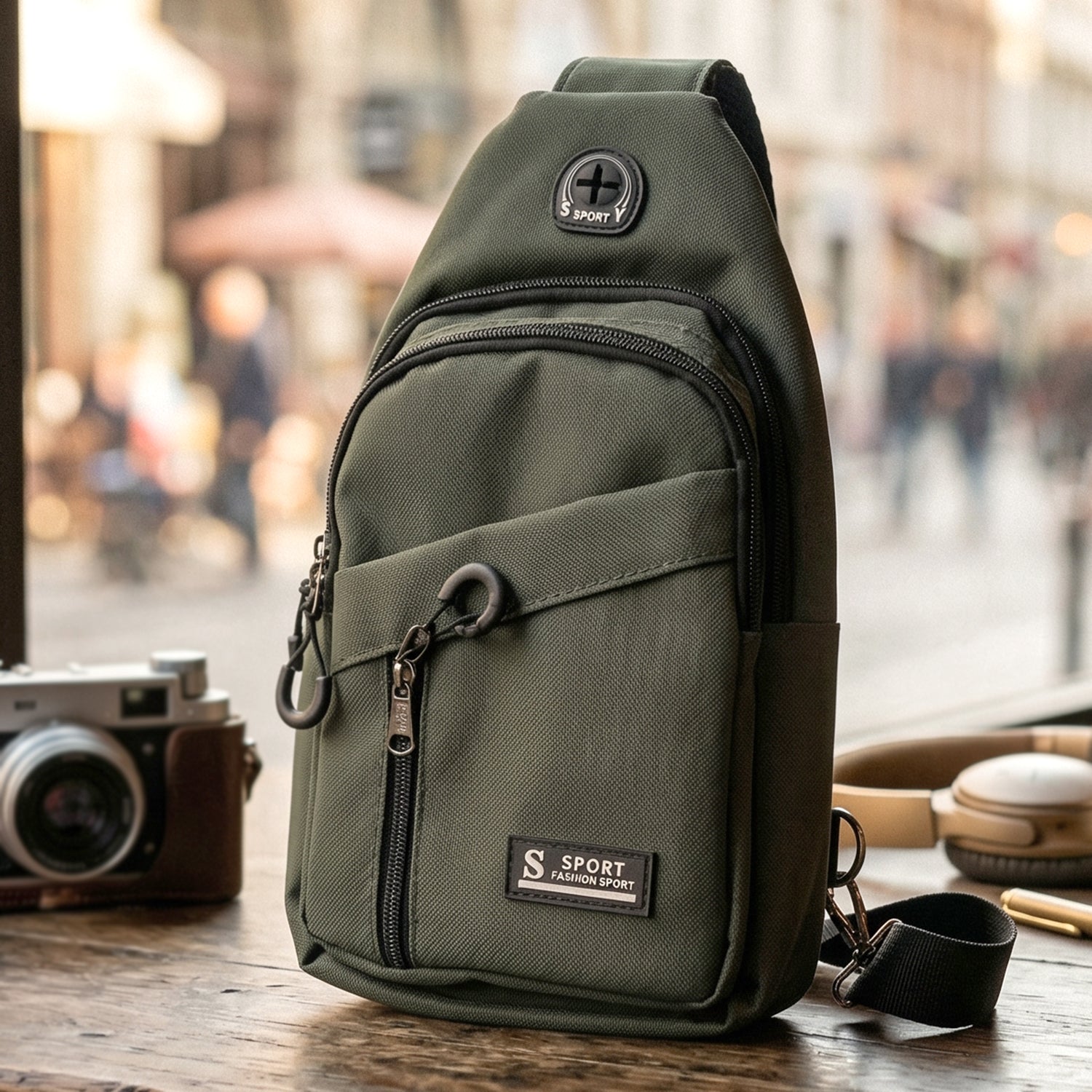 Wukusy durable waist bag with zipper, crossbody sling design, made of sturdy material, shown in black with adjustable strap.