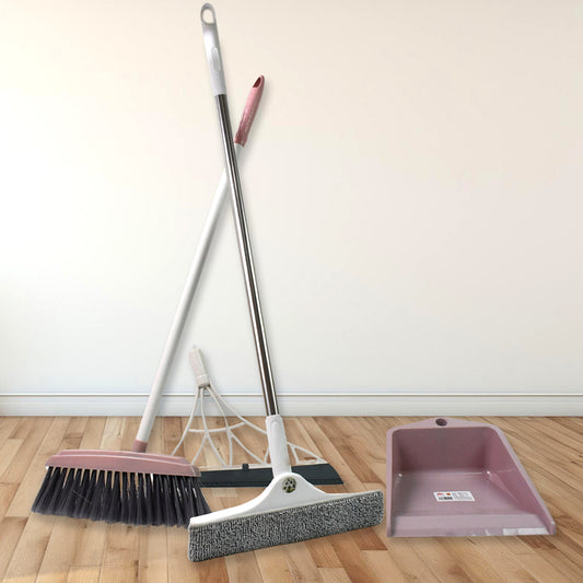 Wukusy 4-piece kitchen dustpan, wiper, squeegee, and broom brush set for cleaning windows, floors, and surfaces.