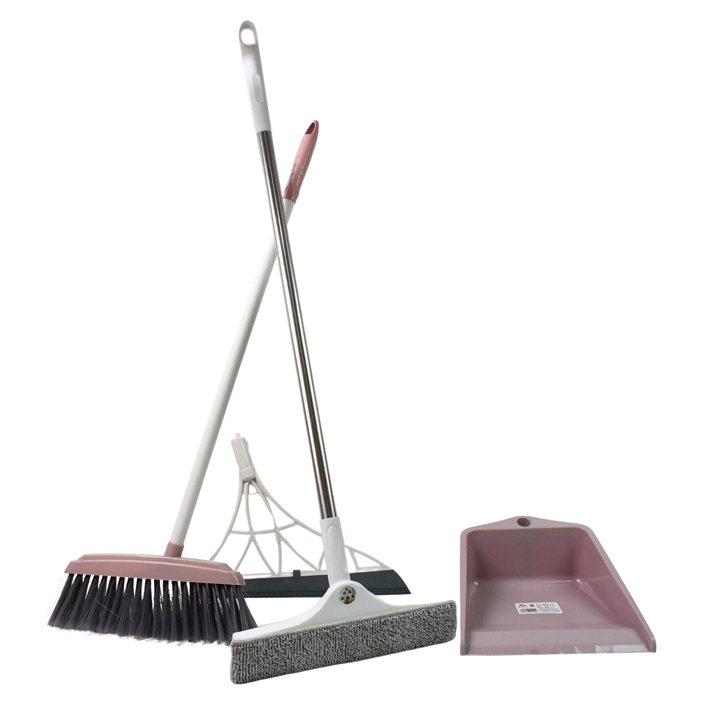 Set of four Wukusy kitchen dustpan, wiper, window cleaning squeegee, broom, and brush tools for cleaning and dusting.