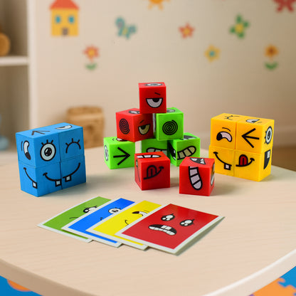 Wukusy educational face expression changing puzzle cube toy set showing colorful cubes with various facial expressions.