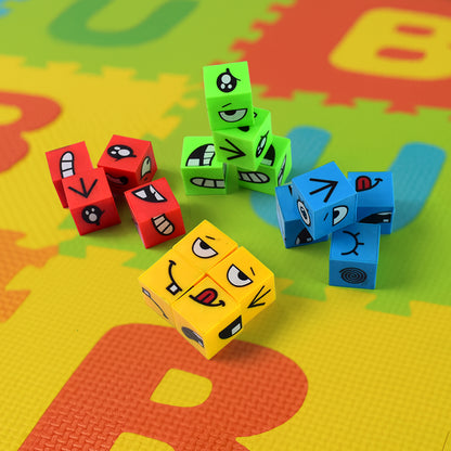 Wukusy educational face expression changing puzzle cube toy set with colorful cubes displaying different facial expressions.
