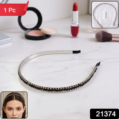 Elegant black metal hair band with crystal studs, stylish accessory by Wukusy for a sophisticated look.