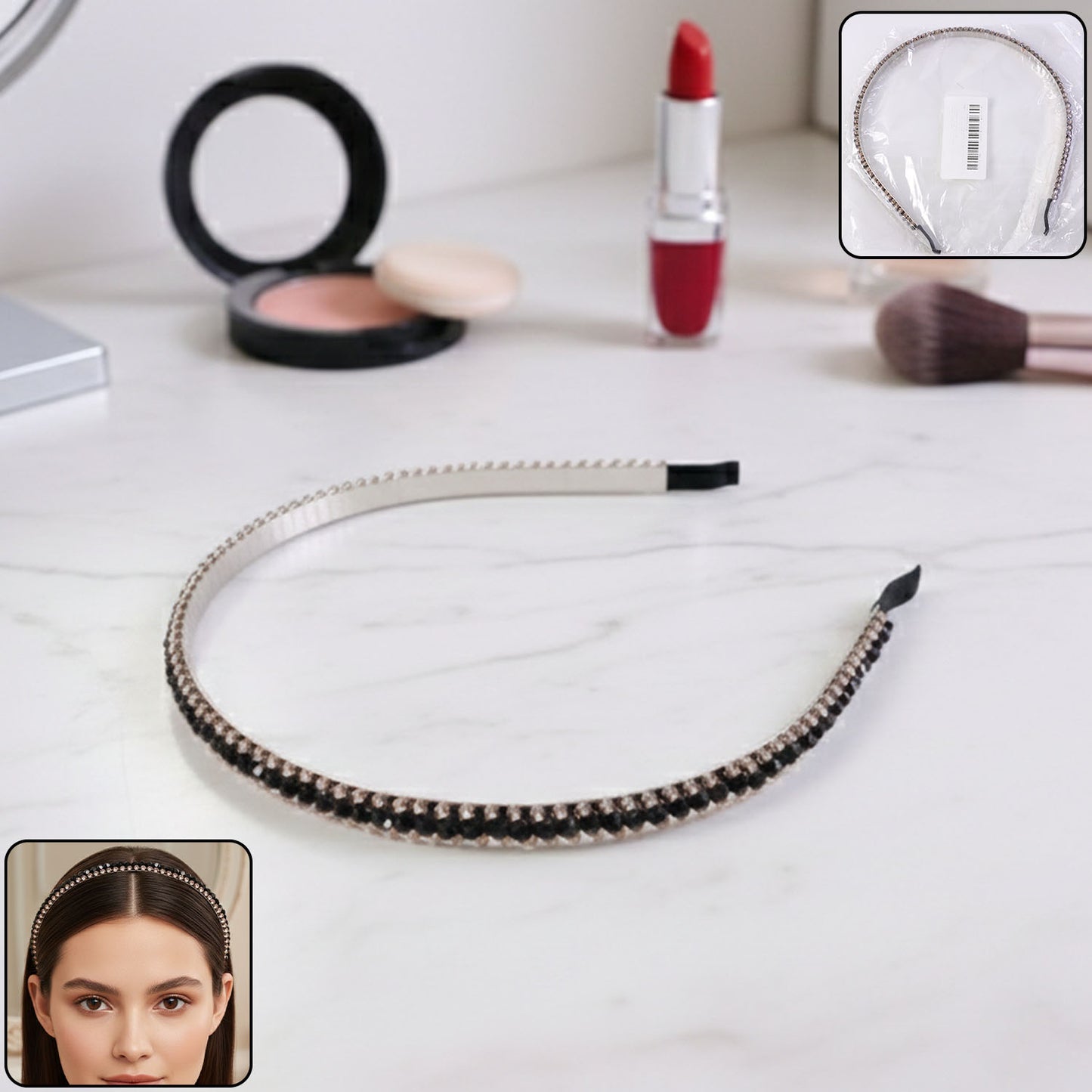Elegant black metal hair band by Wukusy with crystal studded accents, perfect for stylish hair accessories.