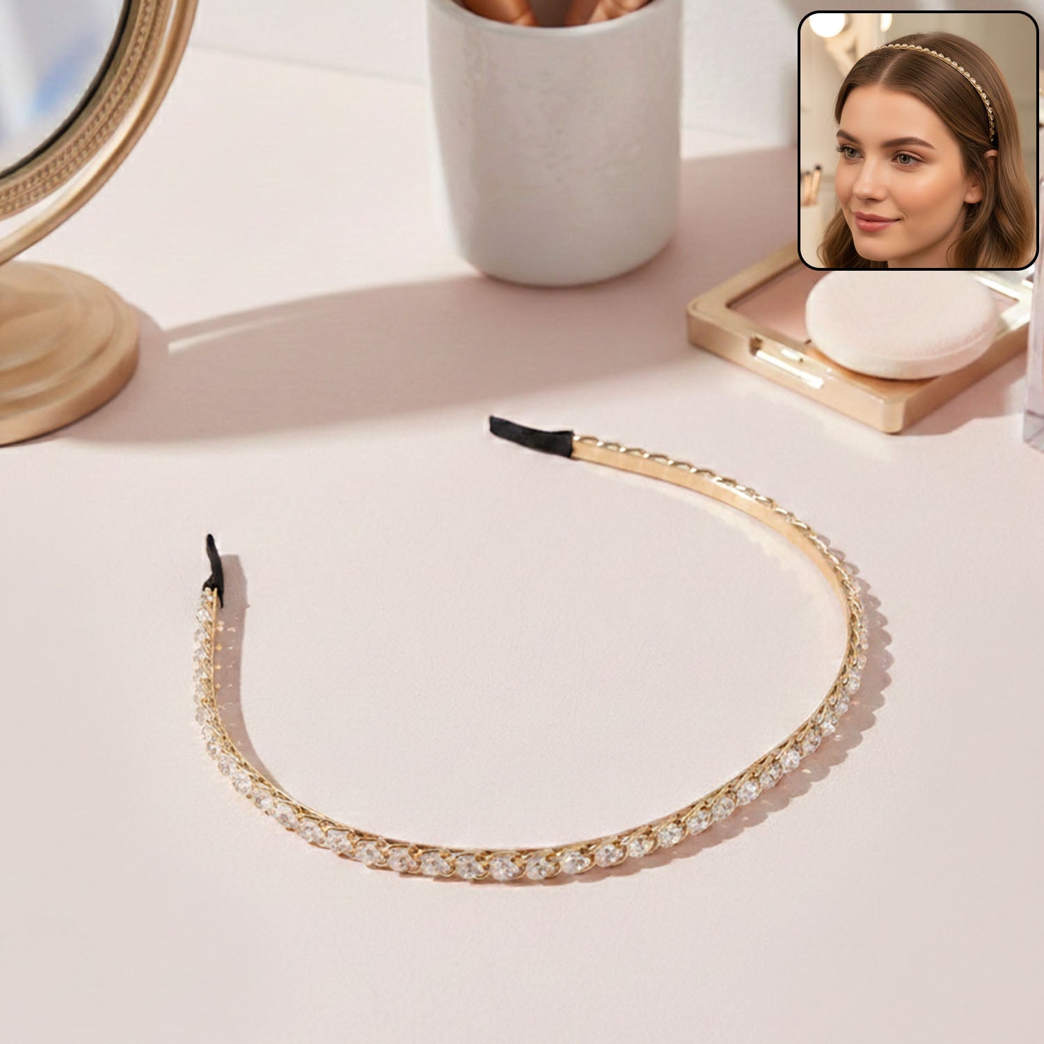 Elegant crystal-studded metal hair band by Wukusy, featuring a sleek design with sparkling crystals, perfect for stylish hair accessories.