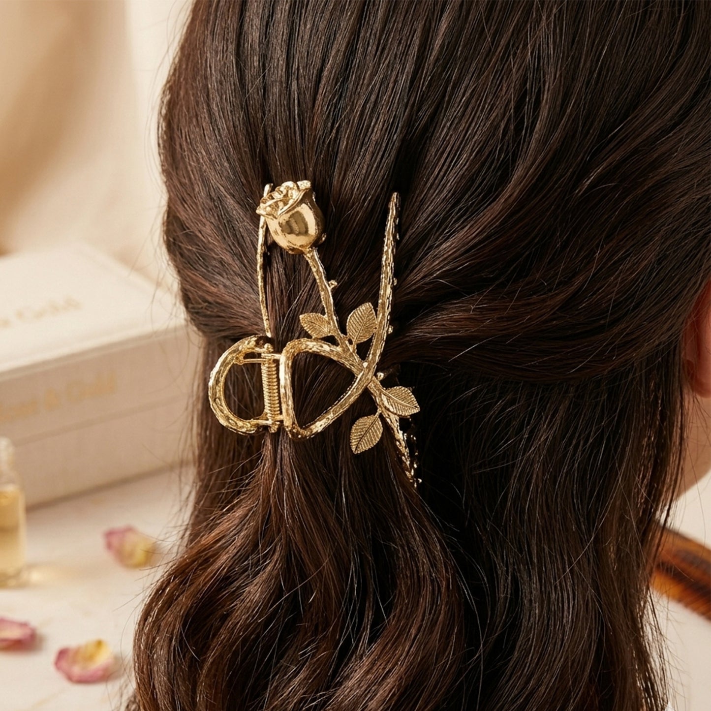 Elegant gold rose design hair claw clip by Wukusy, showcasing a stylish accessory for hair styling and decorative use.