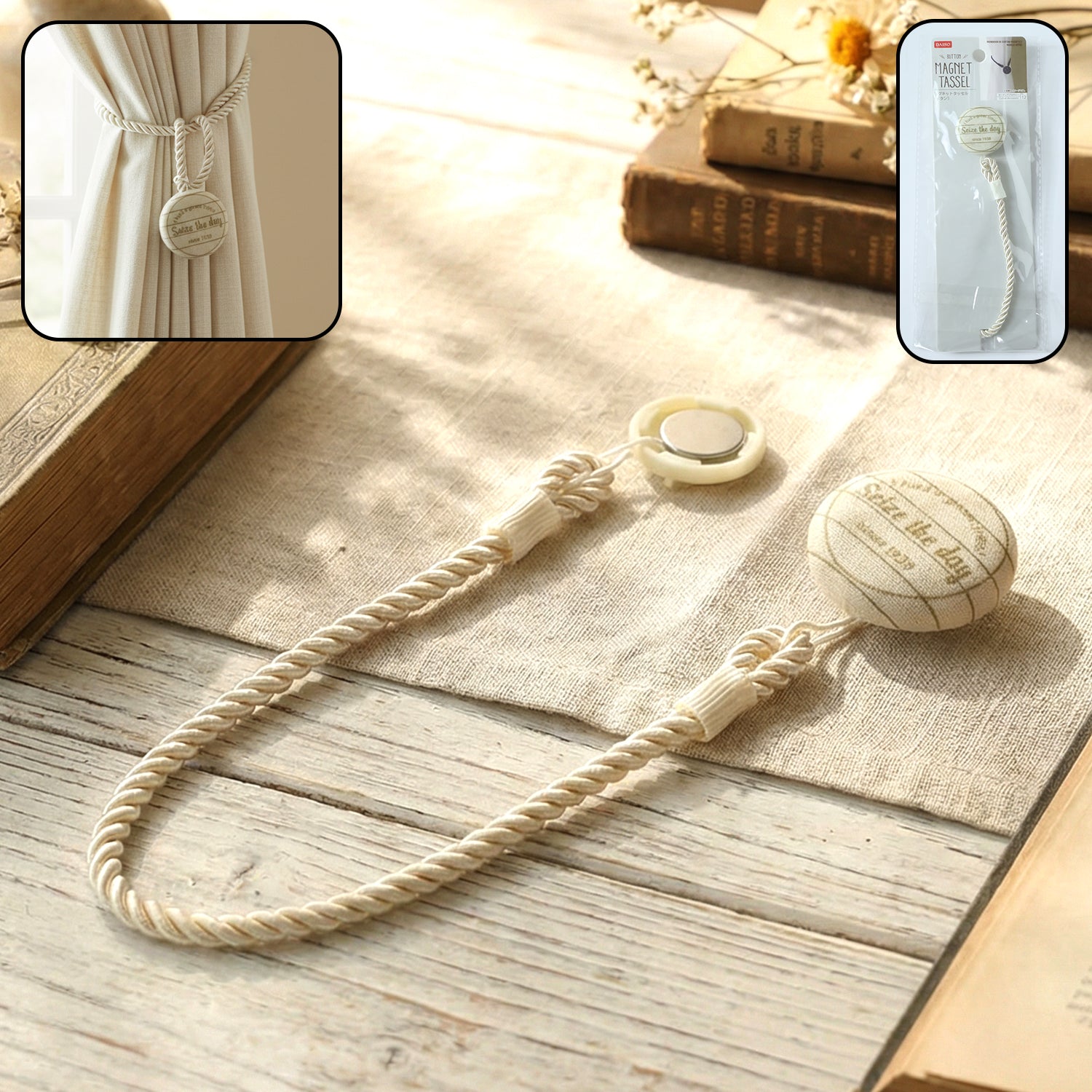 Wukusy elegant magnetic curtain tieback holding a beige curtain, showcasing its stylish design and easy magnetic closure.