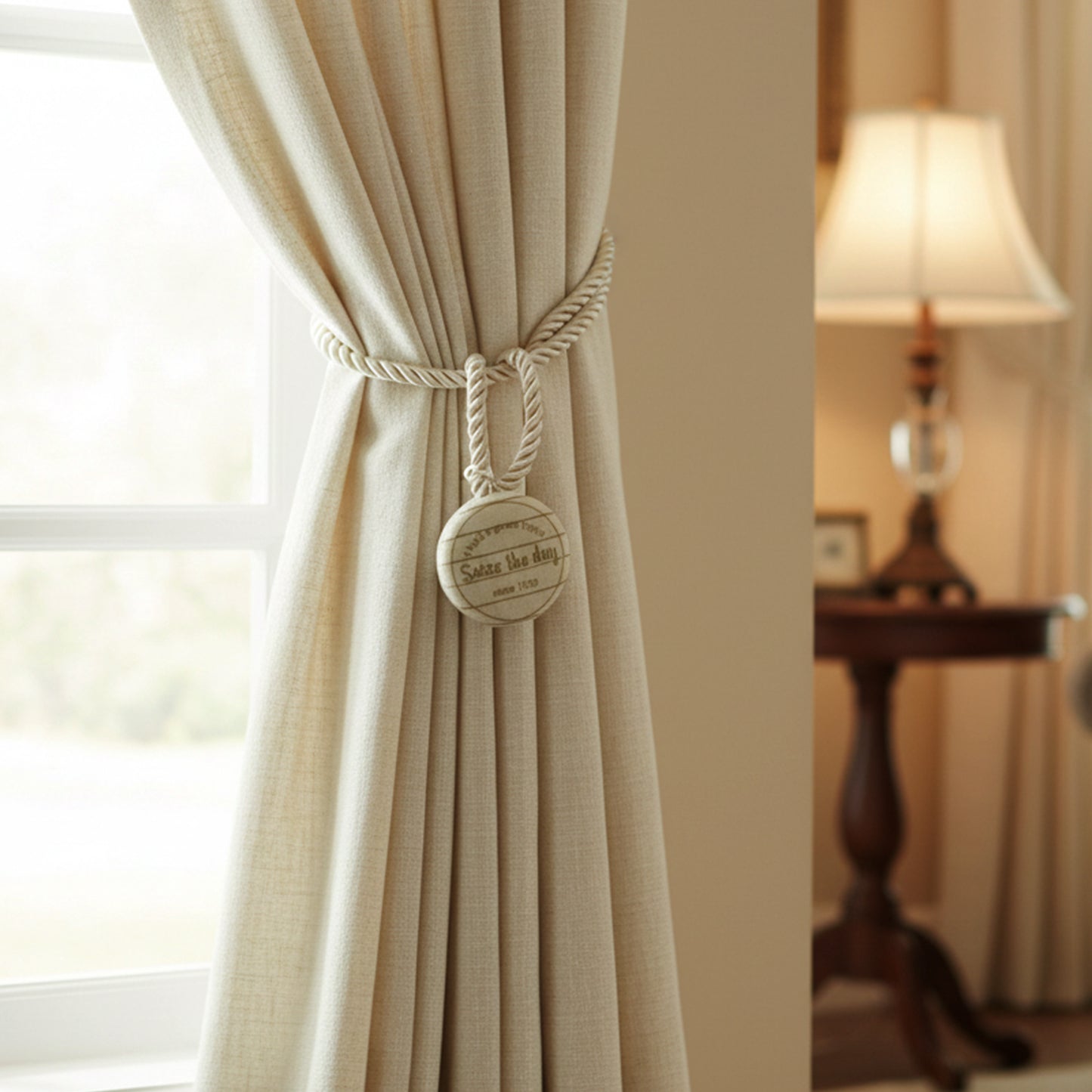Wukusy elegant magnetic curtain tieback holding a curtain open, featuring a sleek design and magnetic clasp for easy use.