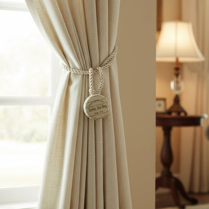 Wukusy elegant magnetic curtain tieback holding a curtain open, featuring a sleek design and magnetic clasp for easy use.