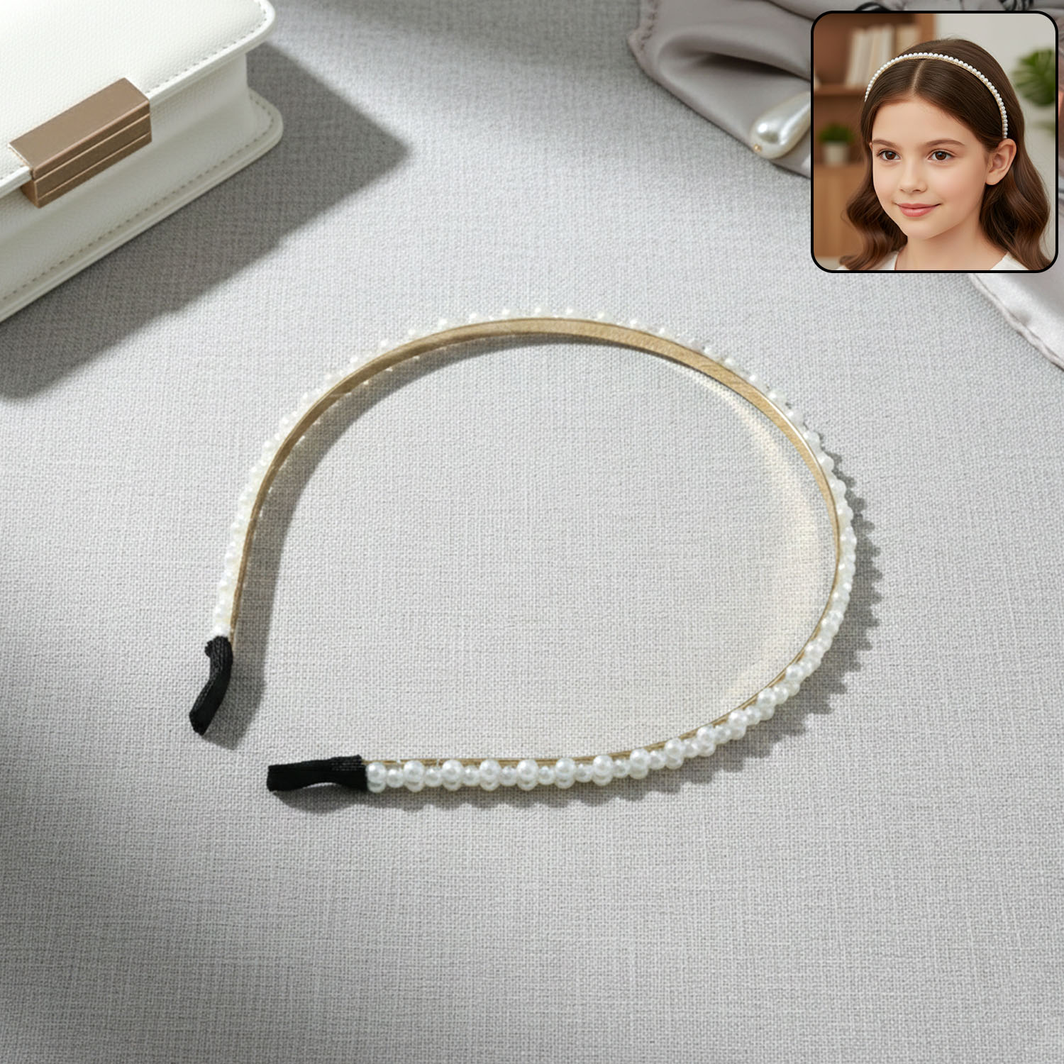 Elegant pearl-beaded slim golden metal hair band by Wukusy, featuring delicate pearls and a sleek design for stylish hair accessories.