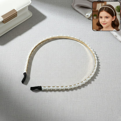 Elegant pearl-beaded slim golden metal hair band by Wukusy, featuring delicate pearls and a sleek design for stylish hair accessories.