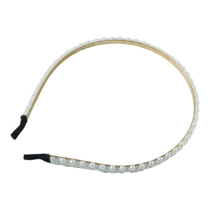 Elegant pearl beaded slim golden metal hair band by Wukusy, featuring delicate pearl accents and a sleek design.