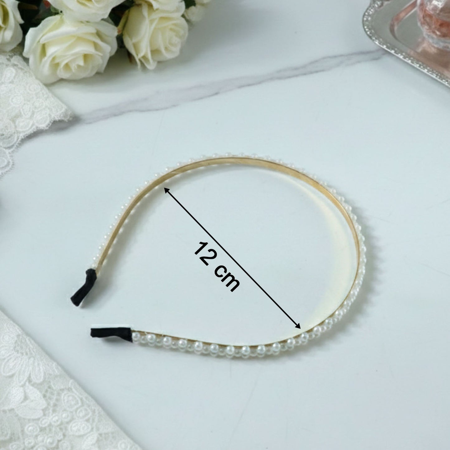 Elegant Wukusy pearl beaded slim golden metal hair band featuring delicate pearl accents, perfect for stylish hairstyles.