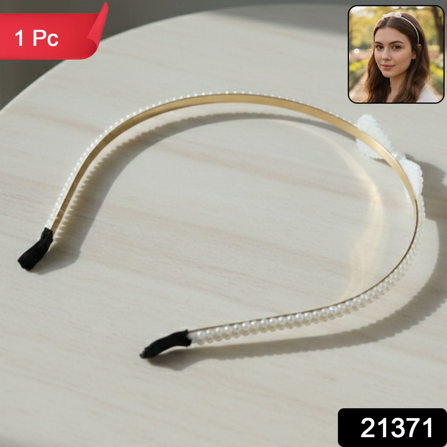 Elegant pearl beaded slim metal hair band by Wukusy, featuring delicate pearl accents on a sleek metal design.