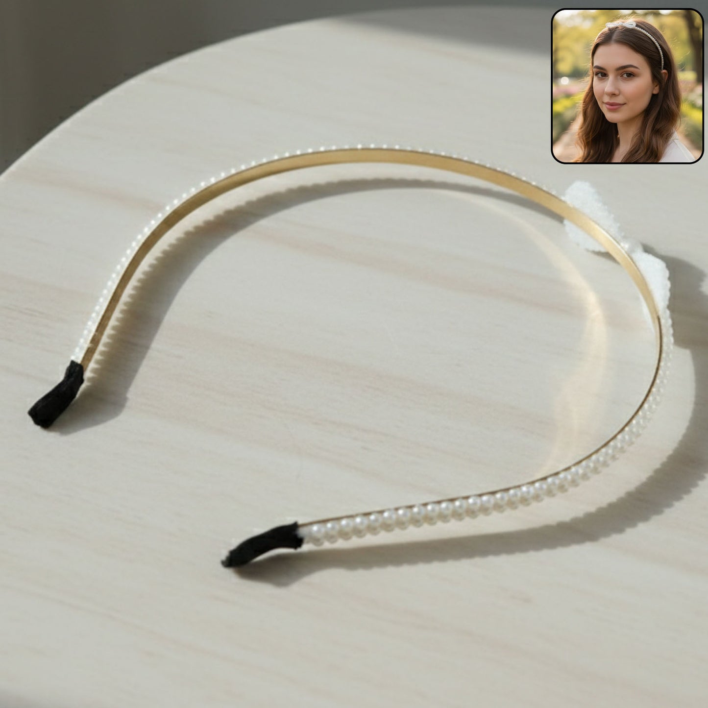 Elegant pearl beaded slim metal hair band by Wukusy, featuring a delicate design with pearl accents for stylish hair accessories.