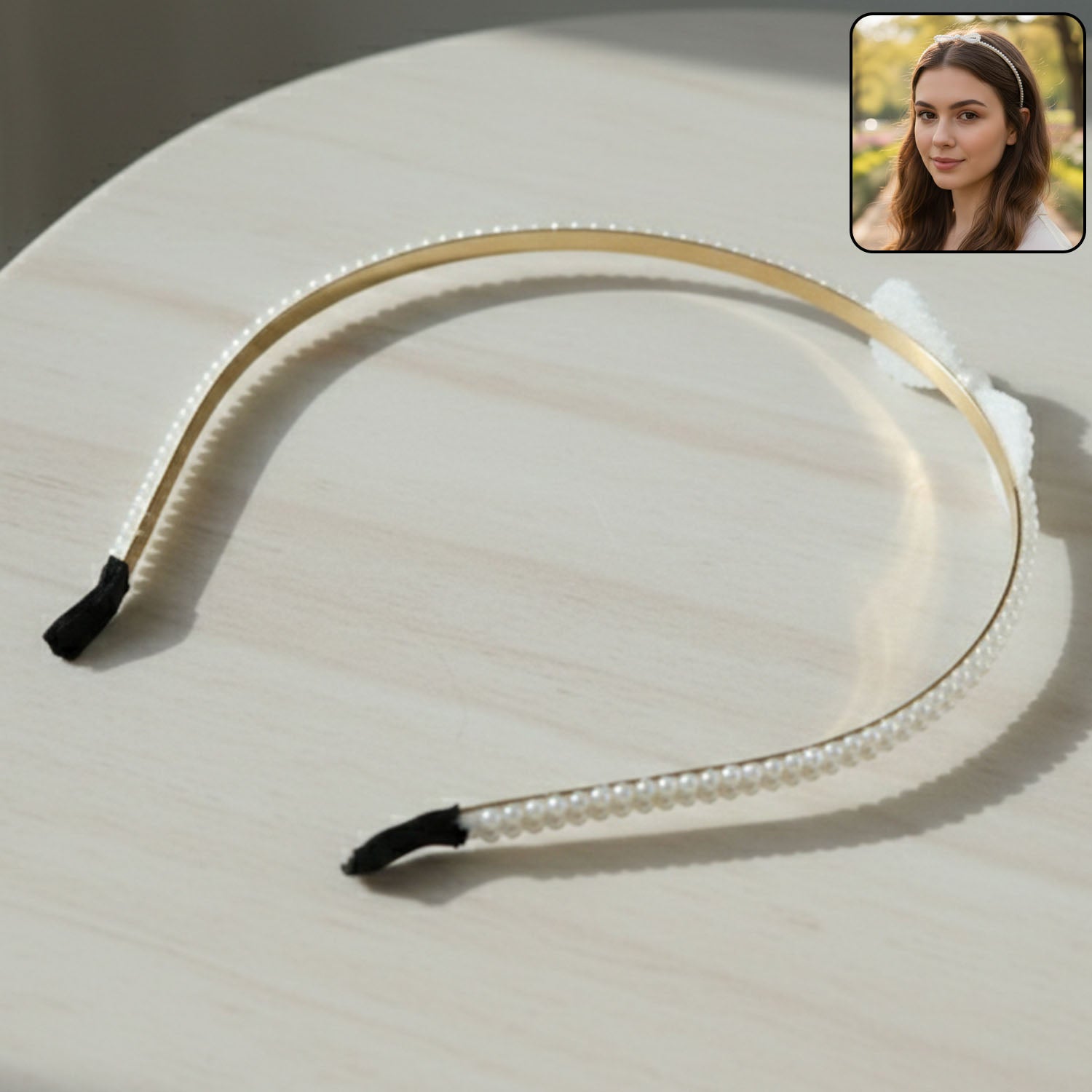 Elegant pearl beaded slim metal hair band by Wukusy, featuring a delicate design with pearl accents for stylish hair accessories.