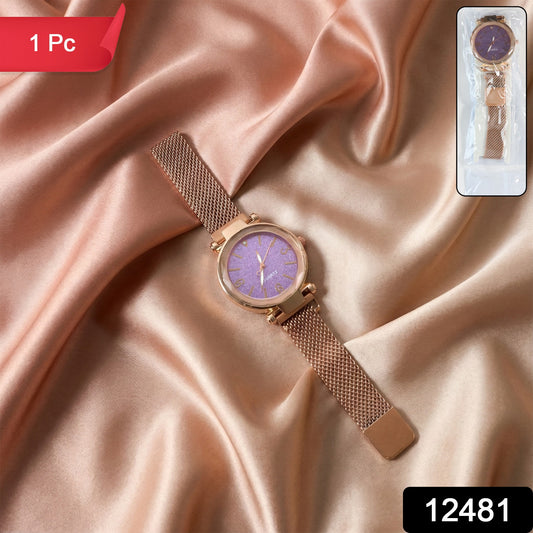 Elegant rose gold mesh strap analog wrist watch for women by Wukusy, featuring a sleek design and classic time display.