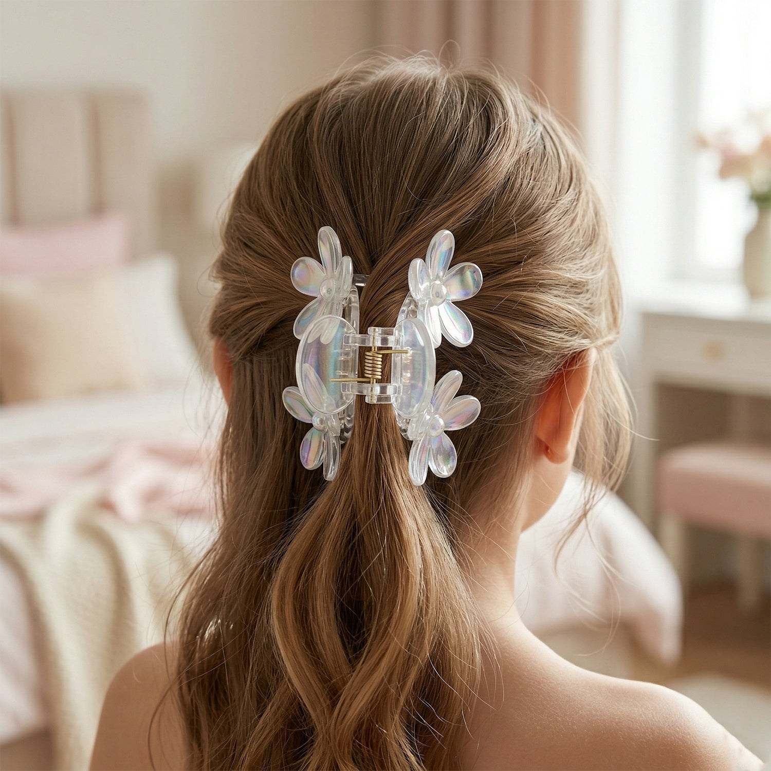 Elegant transparent floral hair claw clip by Wukusy, showcasing a delicate floral design in clear acrylic.
