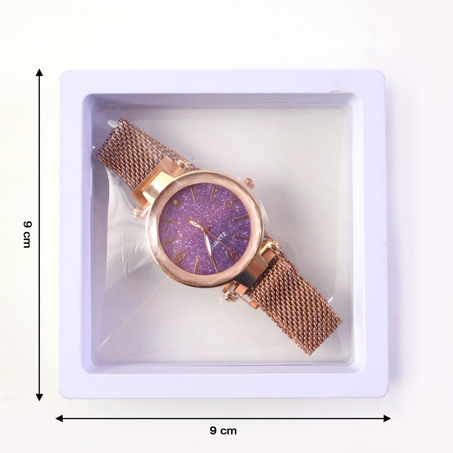 Elegant women's analog wrist watch by Wukusy displayed with its box, featuring a stylish watch face and classic design.