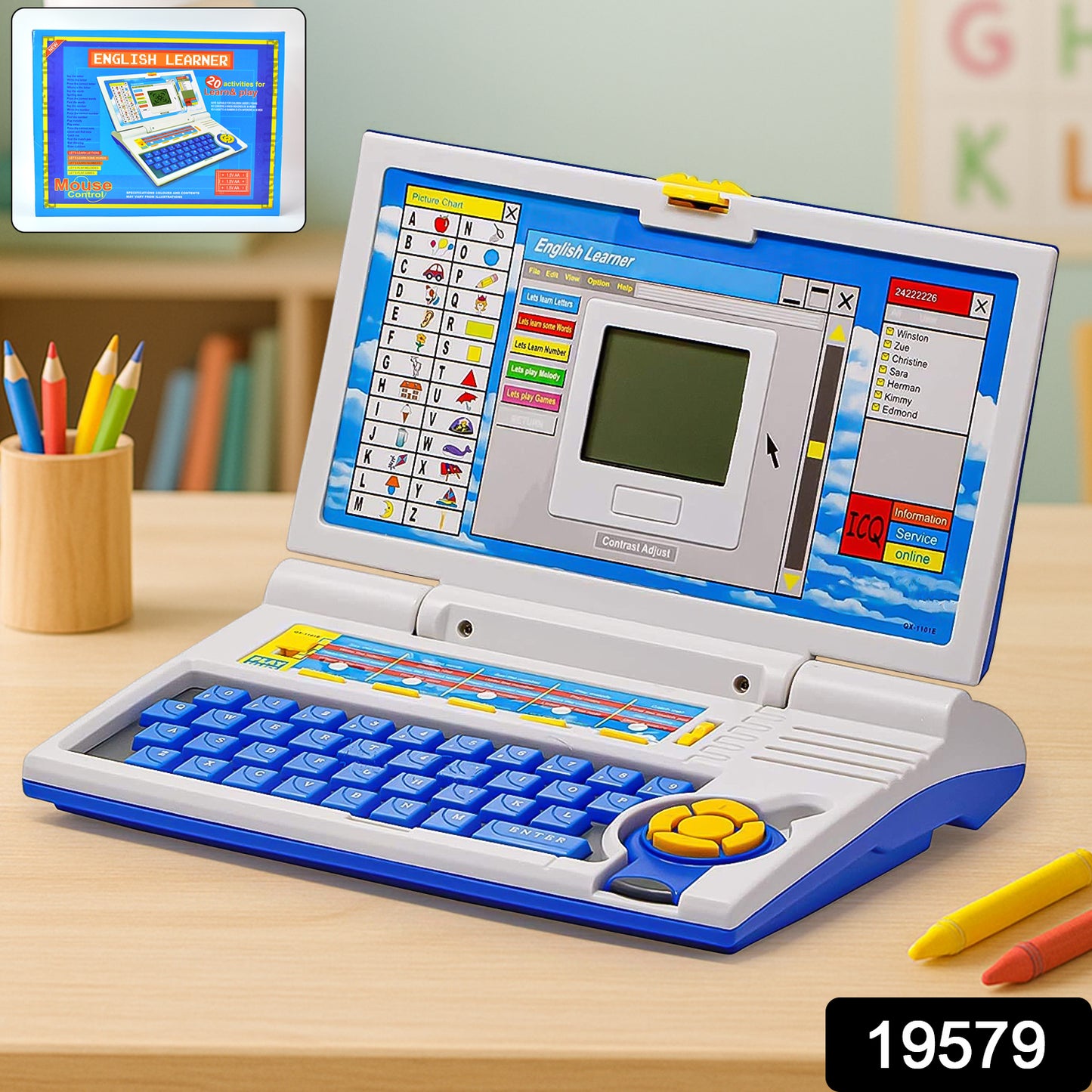 Wukusy English Learner Educational Laptop Toy with 20 learning activities for children, featuring colorful buttons and interactive design.