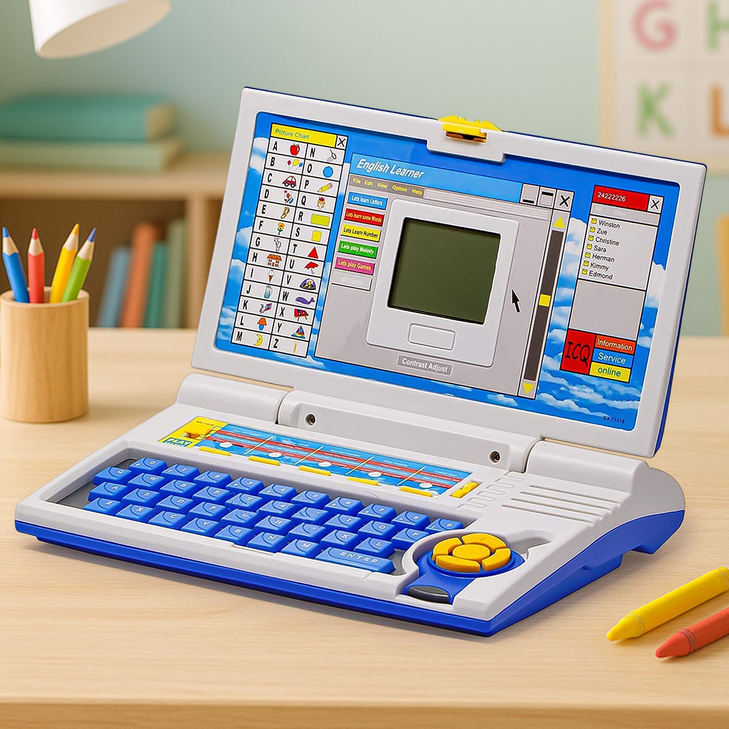 Wukusy English Learner Educational Laptop Toy with colorful buttons and screen, featuring 20 learning activities for kids.