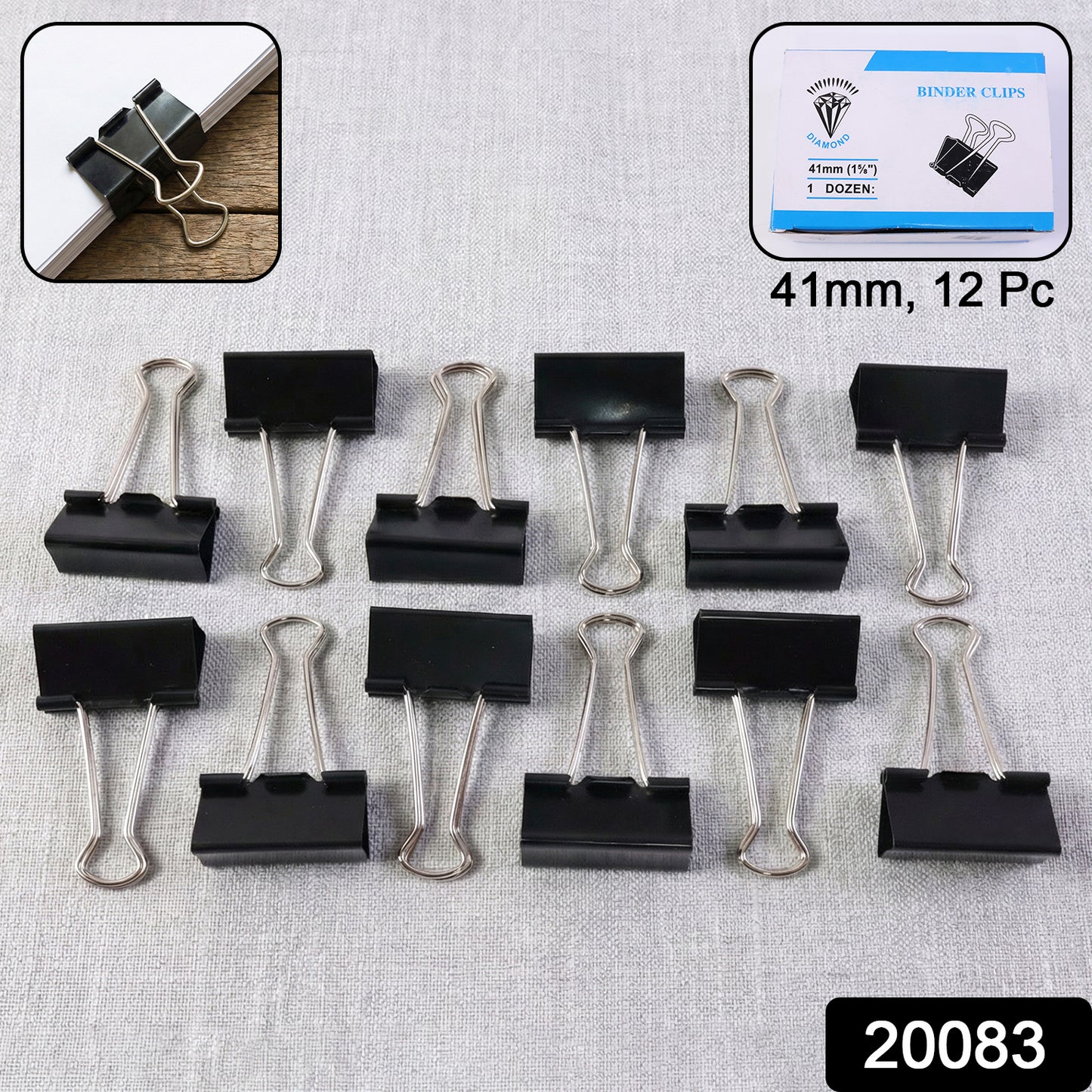 Set of 12 extra large black heavy-duty binder clips by Wukusy, 41 mm size, ideal for thick paper or documents.