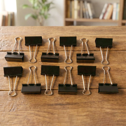Set of 12 extra-large black binder clips by Wukusy, 41mm heavy-duty paper clamps for organizing documents and files.