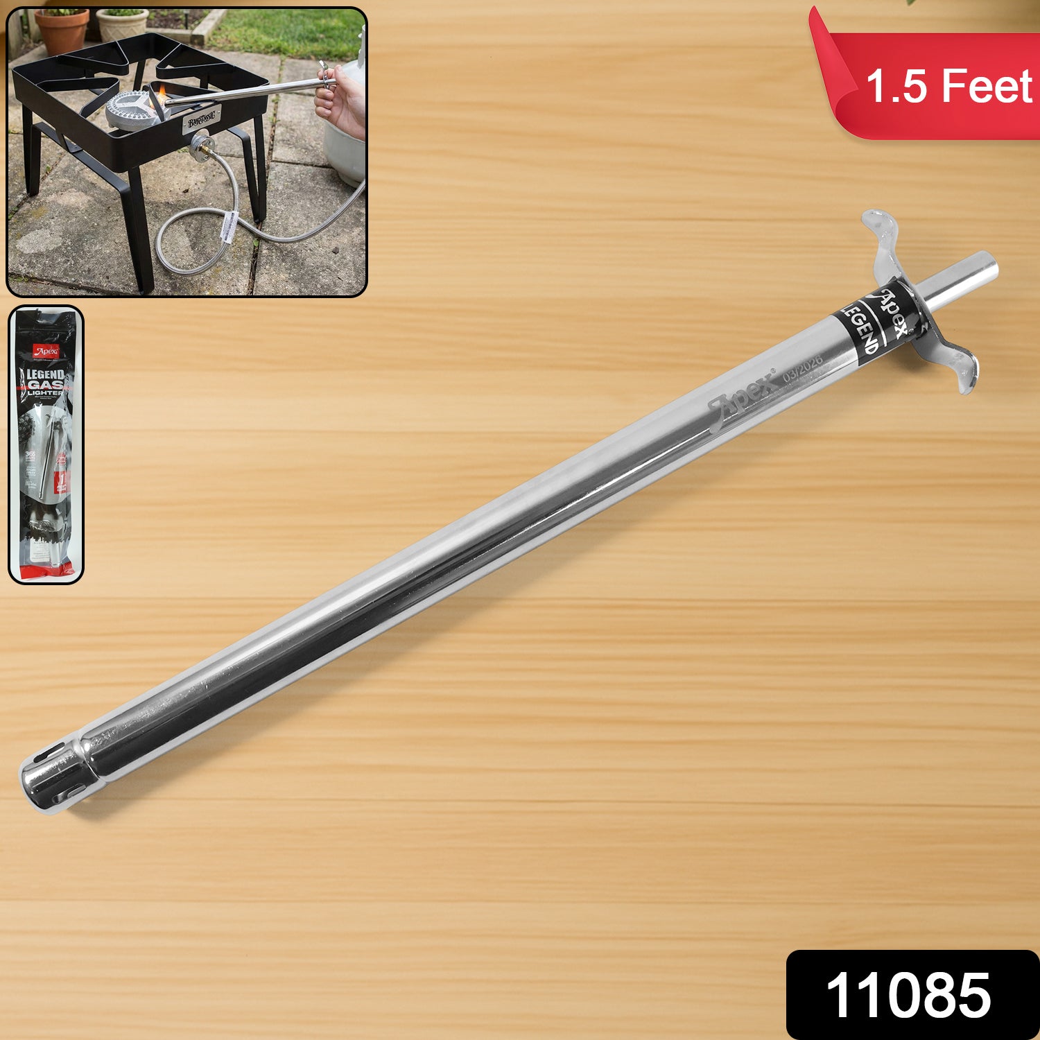 Wukusy extra-long stainless steel gas stove lighter showing a 1.5-foot length with a metal handle and ignition mechanism.