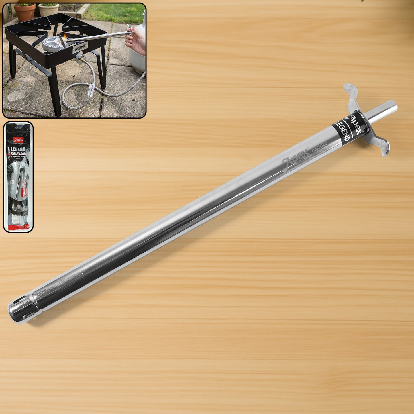 Wukusy extra-long stainless steel gas stove lighter, 1.5 feet length, with a sleek handle and extended ignition reach.