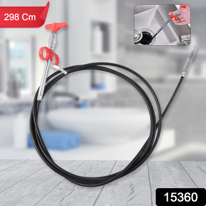 Wukusy flexible spring drain cleaning tool with hand grip, 298 cm long, used for clearing clogged drains.