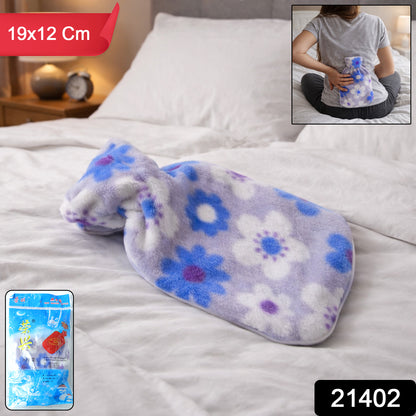 Wukusy floral printed soft plush hot water bag with cover, 19x12 cm for soothing warmth and comfort.