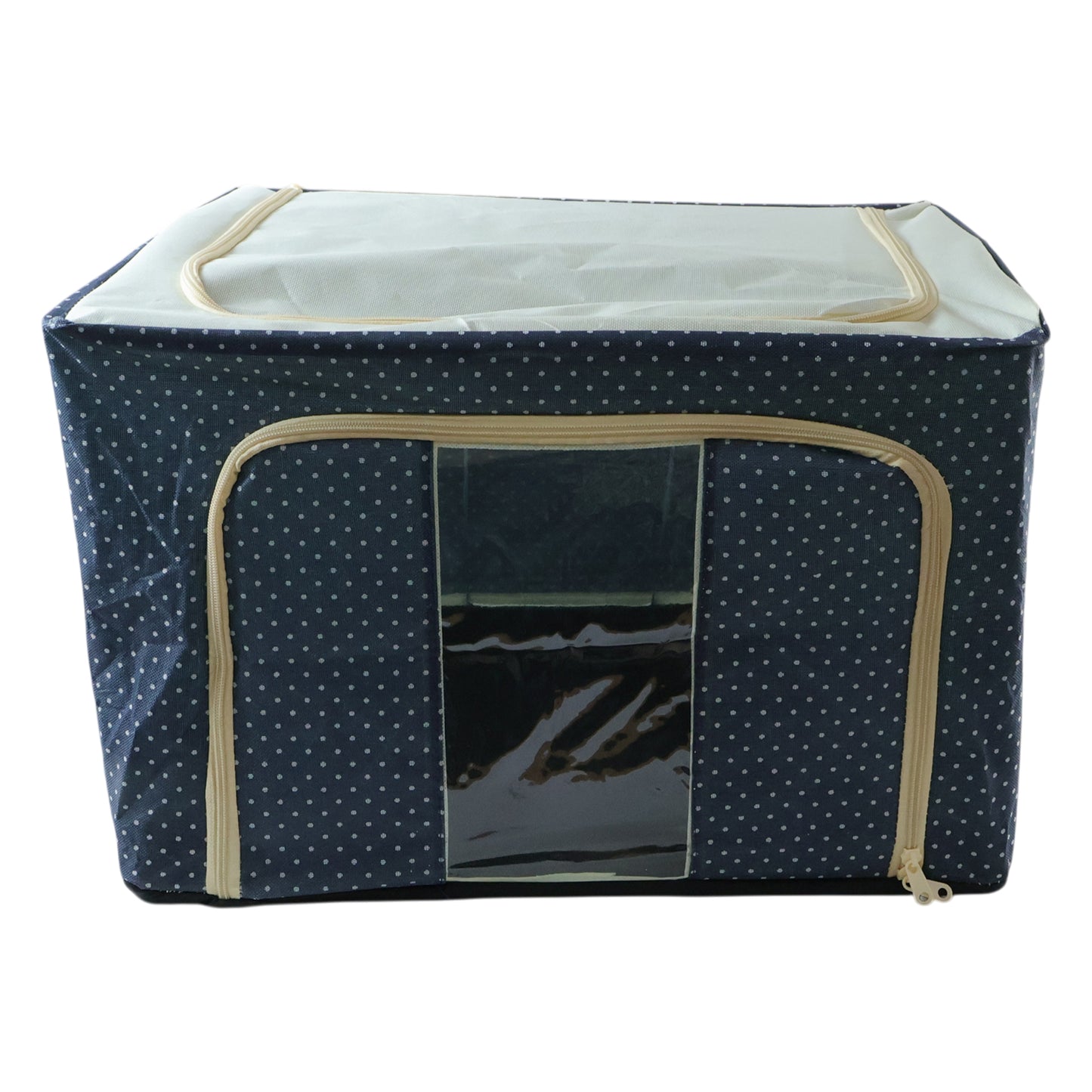 Foldable cloth storage box by Wukusy, 50x40 cm, shown folded open with fabric handles and interior storage space.