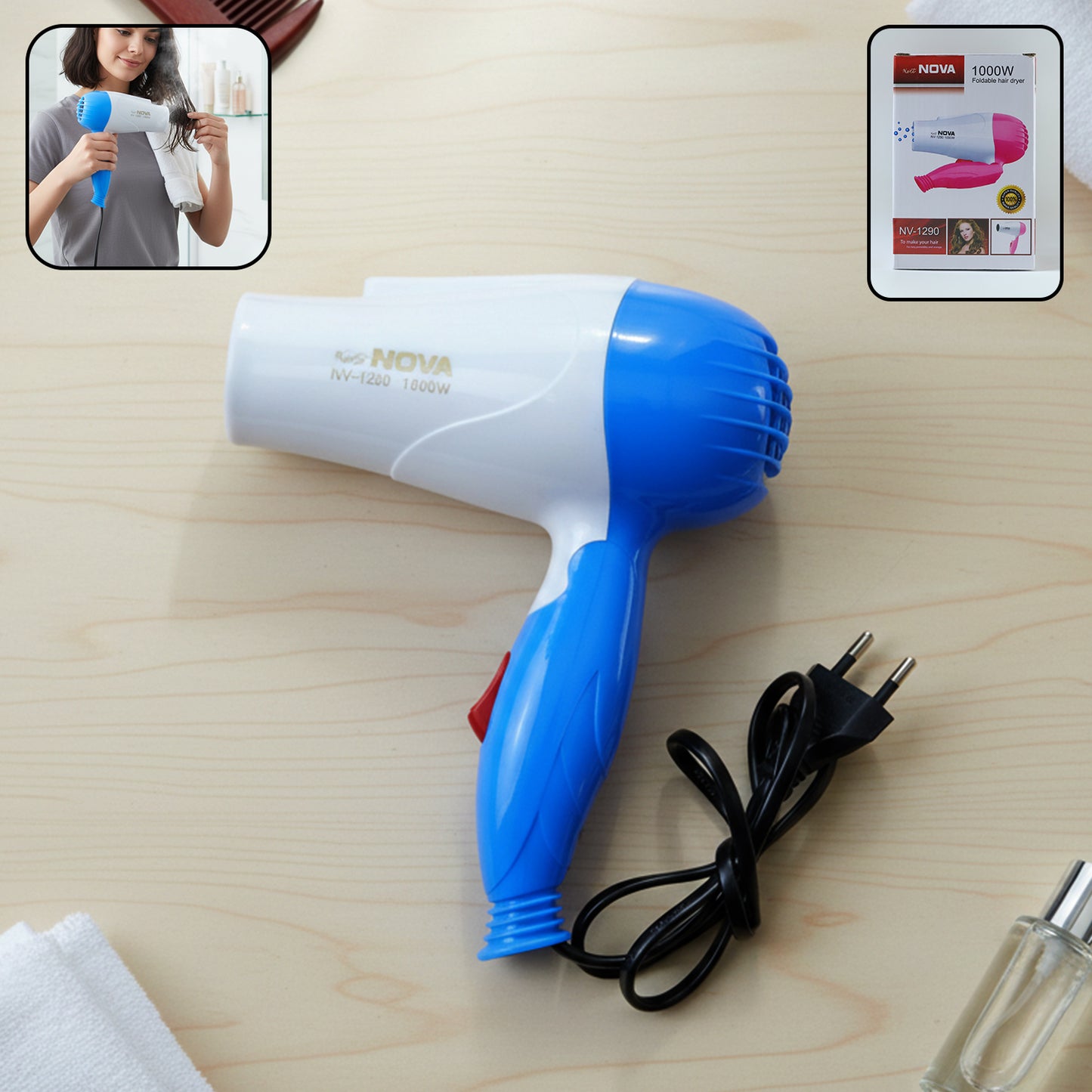 Wukusy foldable hair dryer with dual speed settings, compact 1000W portable hair dryer for easy styling and travel.
