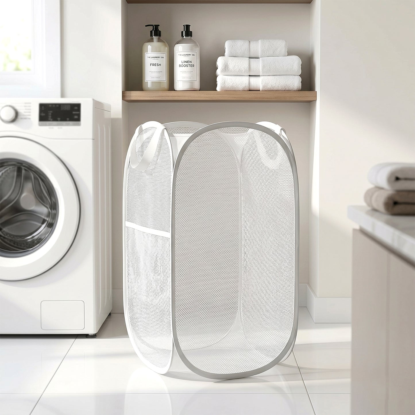 Foldable fabric mesh laundry basket by Wukusy, 33x33x54cm clothes hamper with breathable mesh design.