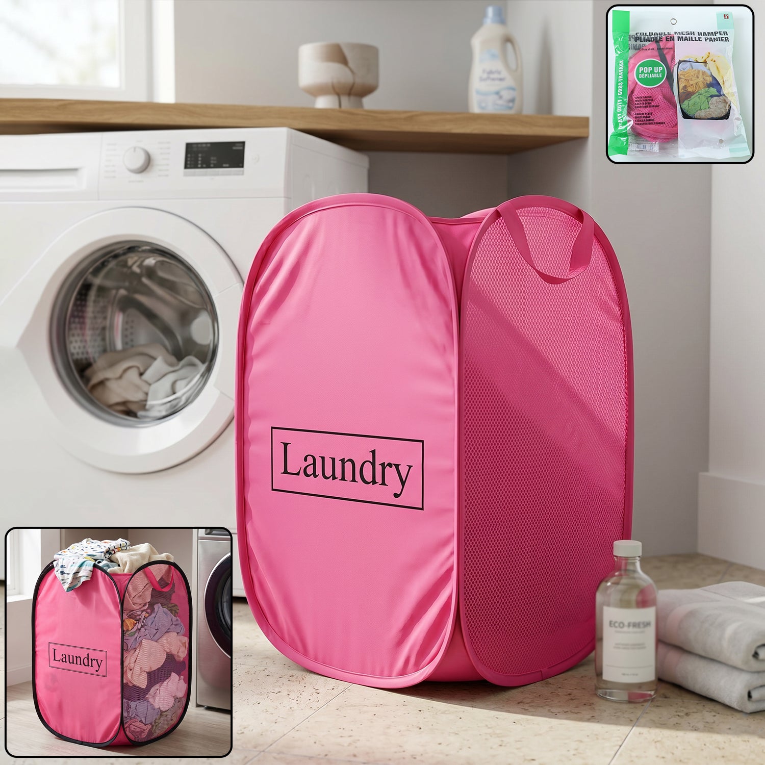 Foldable Wukusy laundry basket with fabric mesh design, 60x36cm clothes hamper for easy storage and organization.