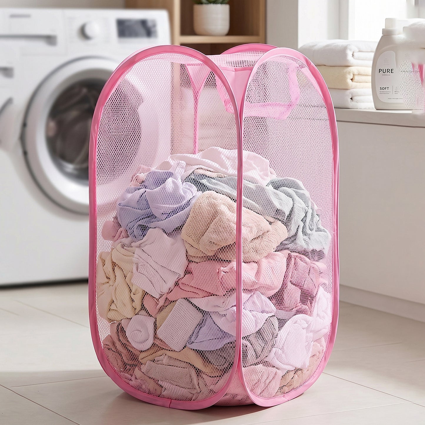 Wukusy foldable mesh laundry basket, lightweight clothes hamper in white, 32x32x58cm, with breathable mesh design.