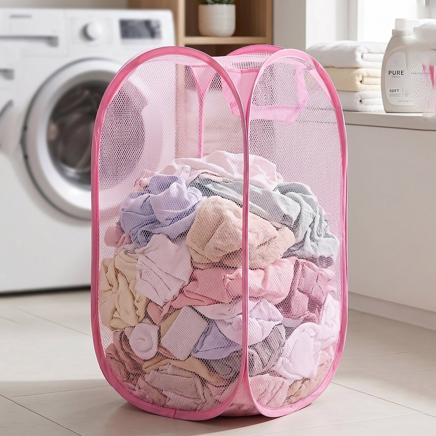 Wukusy foldable mesh laundry basket, lightweight clothes hamper in white, 32x32x58cm, with breathable mesh design.